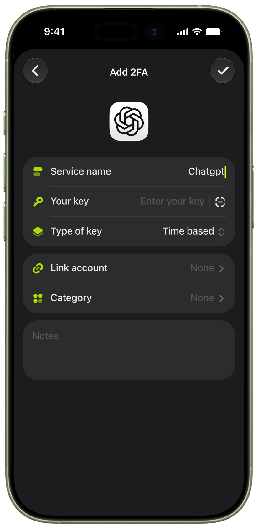 Otterkey Add 2FA screen