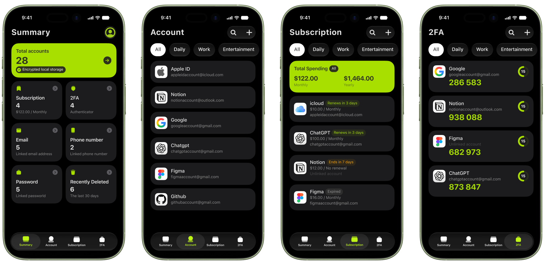 Otterkey Summary, Account, Subscription, and 2FA screens