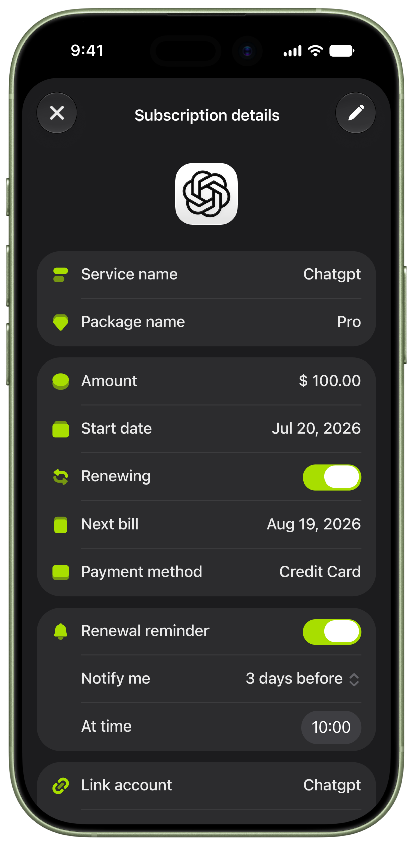 Otterkey subscription details screen